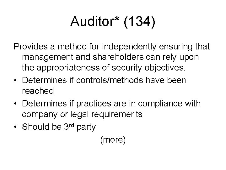 Auditor* (134) Provides a method for independently ensuring that management and shareholders can rely