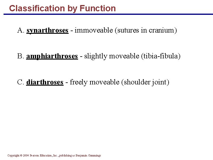 Classification by Function A. synarthroses - immoveable (sutures in cranium) B. amphiarthroses - slightly