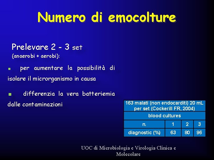Numero di emocolture Prelevare 2 - 3 set (anaerobi + aerobi): < per aumentare