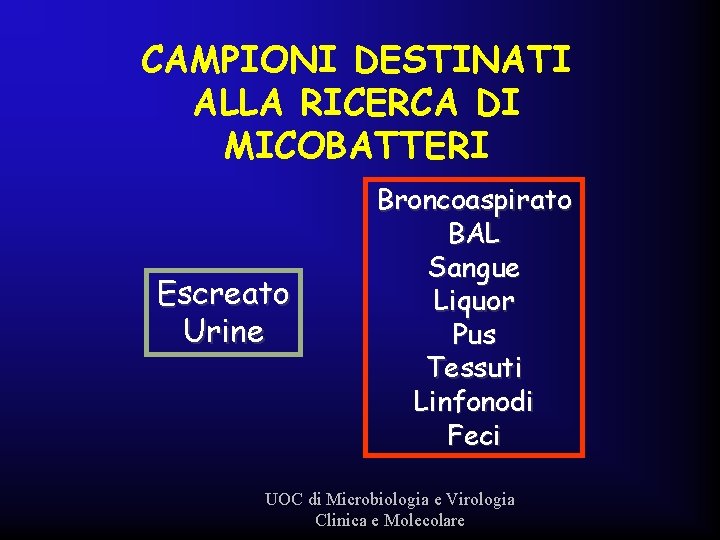 CAMPIONI DESTINATI ALLA RICERCA DI MICOBATTERI Escreato Urine Broncoaspirato BAL Sangue Liquor Pus Tessuti