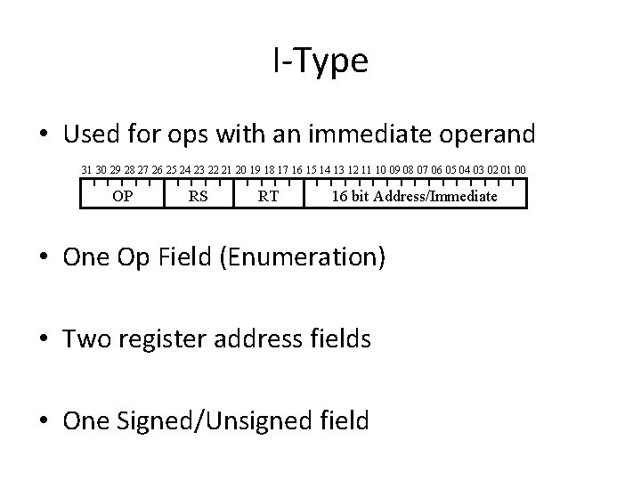 I-Type • Used for ops with an immediate operand 31 30 29 28 27