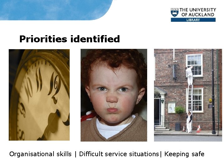 Priorities identified Organisational skills | Difficult service situations| Keeping safe 
