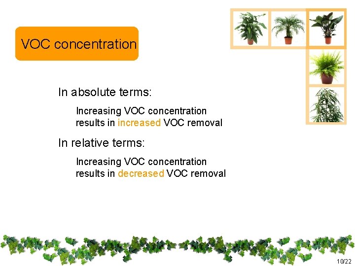 VOC concentration In absolute terms: Increasing VOC concentration results in increased VOC removal In