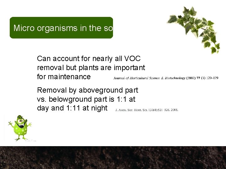 Micro organisms in the soil Can account for nearly all VOC removal but plants
