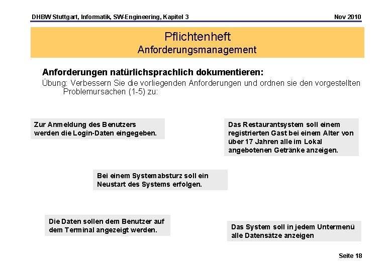 DHBW Stuttgart, Informatik, SW-Engineering, Kapitel 3 Nov 2010 Pflichtenheft Anforderungsmanagement Anforderungen natürlichsprachlich dokumentieren: Übung: