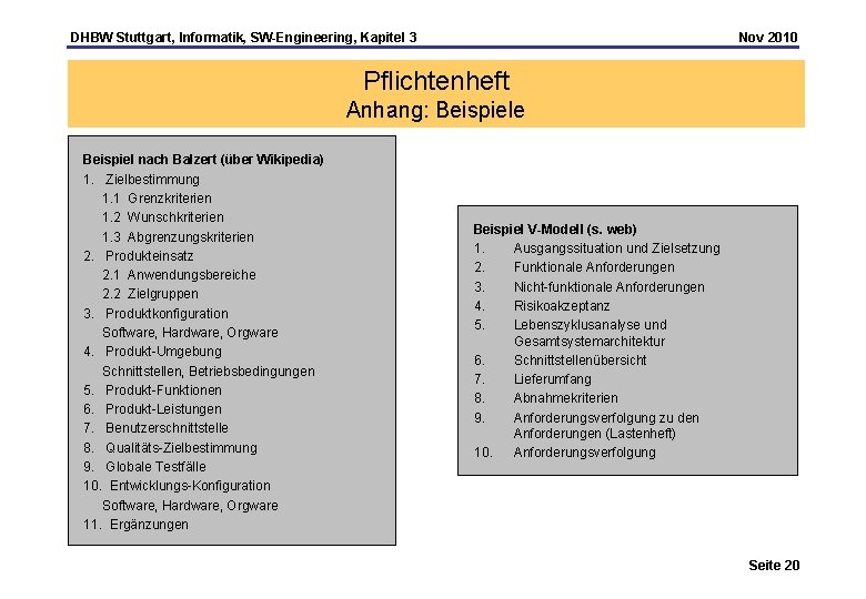 DHBW Stuttgart, Informatik, SW-Engineering, Kapitel 3 Nov 2010 Pflichtenheft Anhang: Beispiele Beispiel nach Balzert