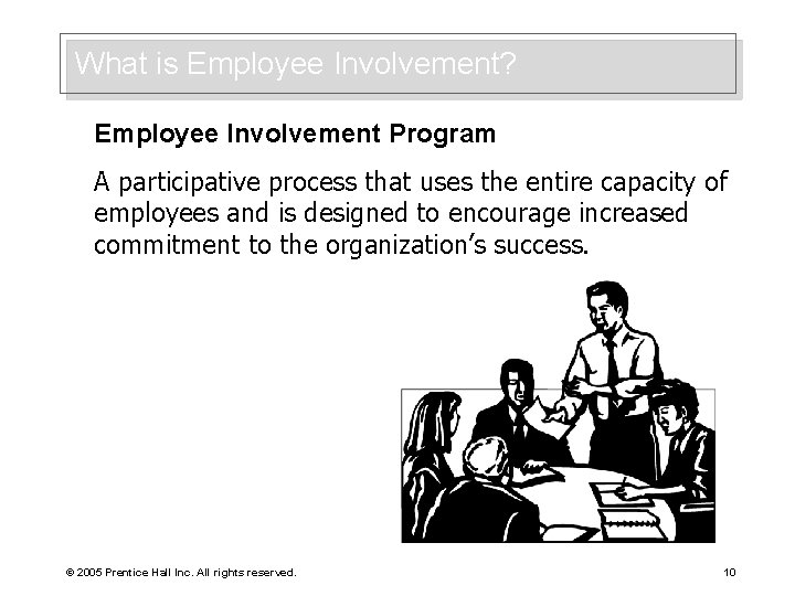 What is Employee Involvement? Employee Involvement Program A participative process that uses the entire