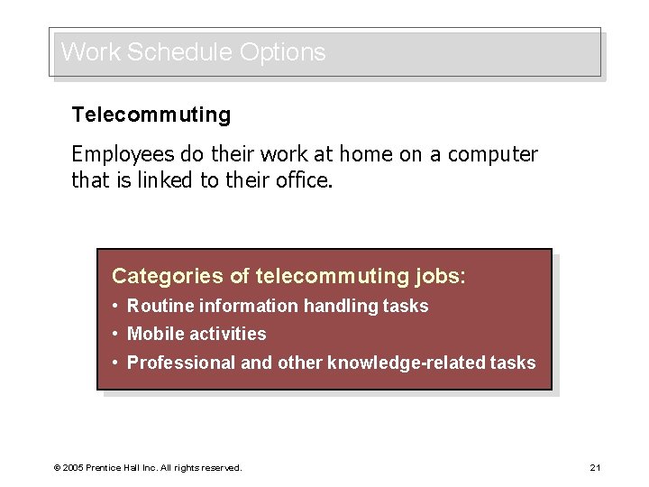 Work Schedule Options Telecommuting Employees do their work at home on a computer that