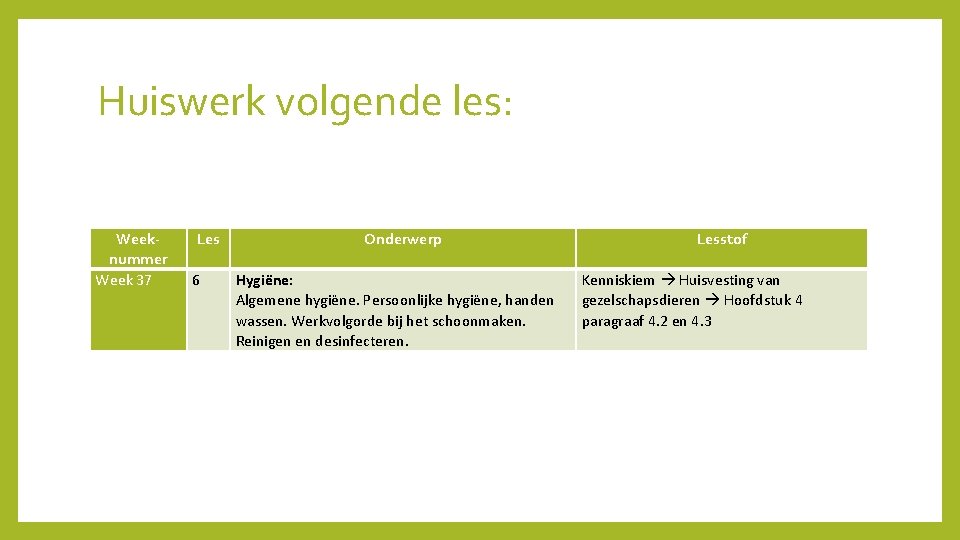 Huiswerk volgende les: Weeknummer Week 37 Les 6 Onderwerp Hygiëne: Algemene hygiëne. Persoonlijke hygiëne,