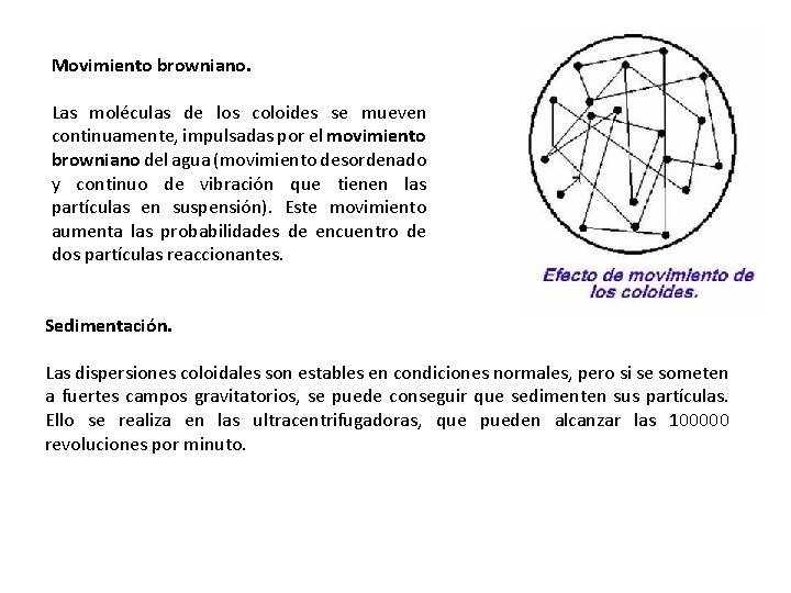Movimiento browniano. Las moléculas de los coloides se mueven continuamente, impulsadas por el movimiento Movimiento browniano. Las moléculas de los coloides se mueven continuamente, impulsadas por el movimiento