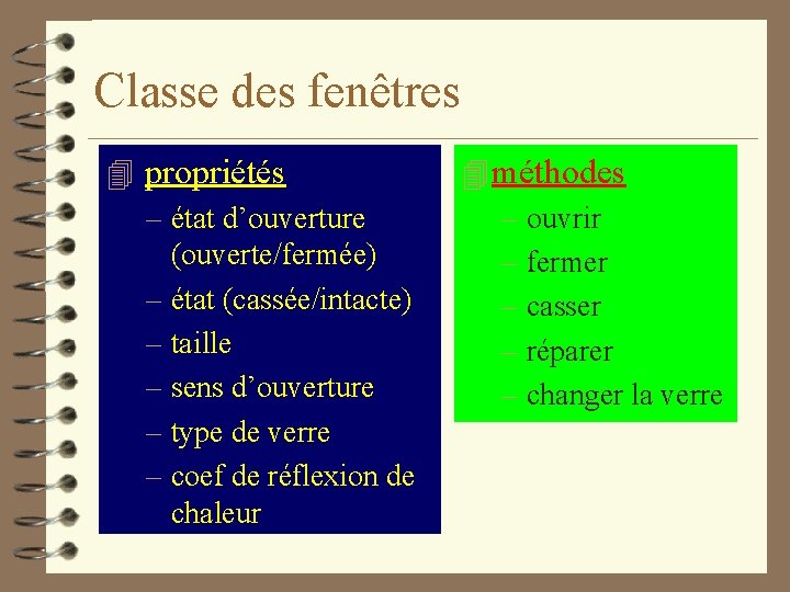 Classe des fenêtres 4 propriétés – état d’ouverture (ouverte/fermée) – état (cassée/intacte) – taille