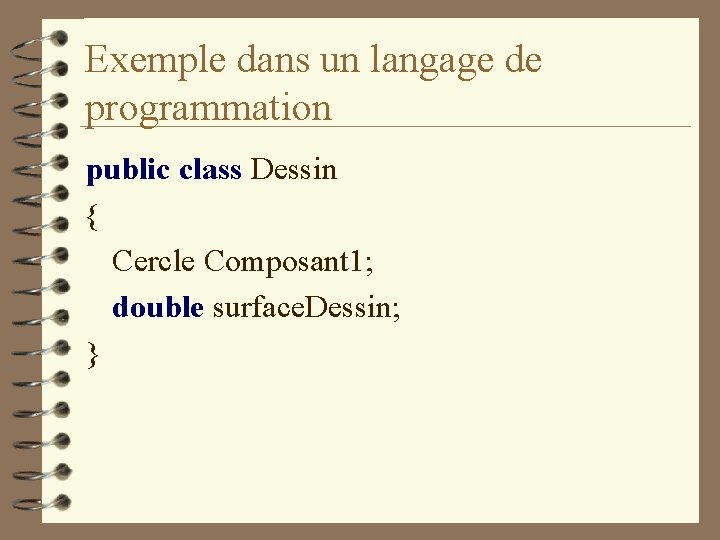 Exemple dans un langage de programmation public class Dessin { Cercle Composant 1; double