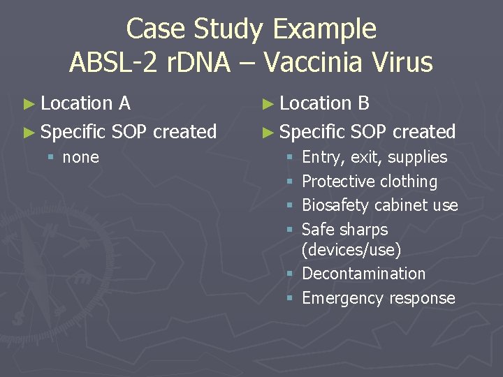 Case Study Example ABSL-2 r. DNA – Vaccinia Virus ► Location A ► Specific