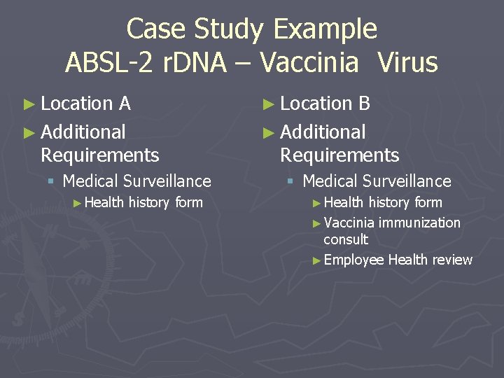 Case Study Example ABSL-2 r. DNA – Vaccinia Virus ► Location A ► Additional