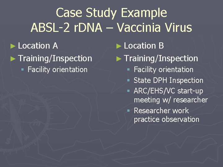 Case Study Example ABSL-2 r. DNA – Vaccinia Virus ► Location A ► Training/Inspection