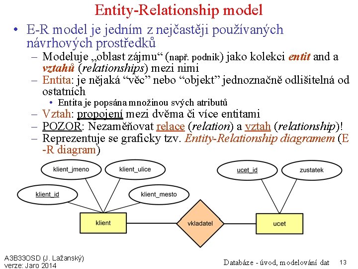 Entity-Relationship model • E-R model je jedním z nejčastěji používaných návrhových prostředků – Modeluje