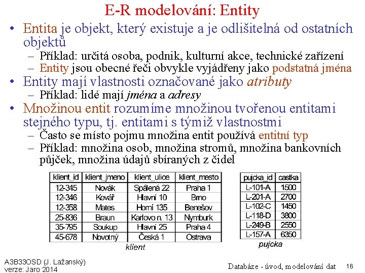 E-R modelování: Entity • Entita je objekt, který existuje a je odlišitelná od ostatních