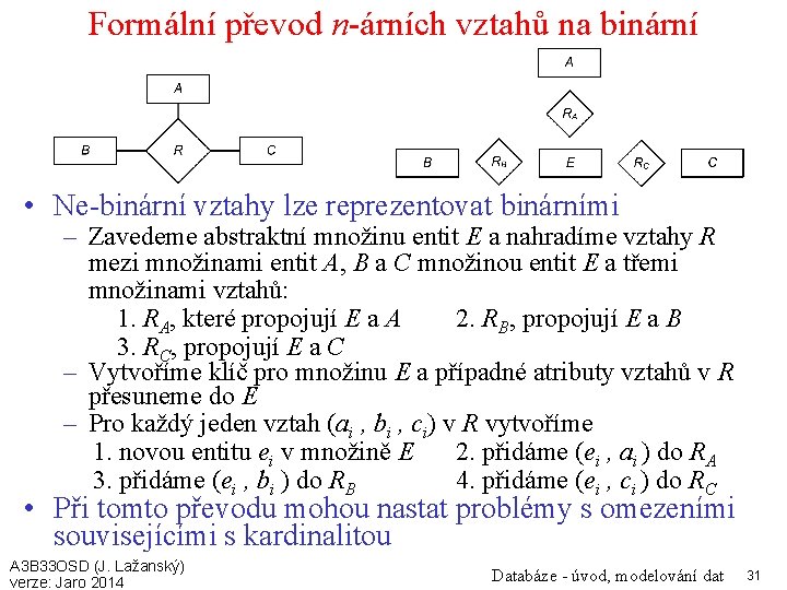 Formální převod n-árních vztahů na binární • Ne-binární vztahy lze reprezentovat binárními – Zavedeme