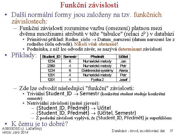 Funkční závislosti • Další normální formy jsou založeny na tzv. funkčních závislostech: – Funkční