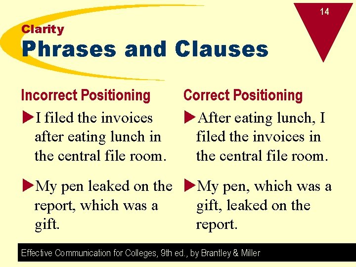 14 Clarity Phrases and Clauses Incorrect Positioning Correct Positioning u. I filed the invoices