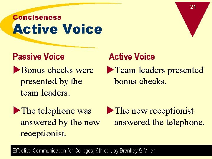 21 Conciseness Active Voice Passive Voice u. Bonus checks were presented by the team