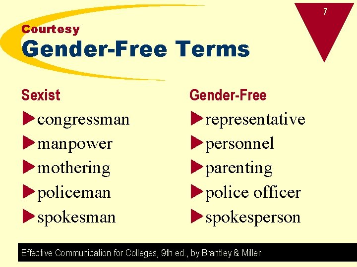 7 Courtesy Gender-Free Terms Sexist Gender-Free ucongressman umanpower umothering upoliceman uspokesman urepresentative upersonnel uparenting