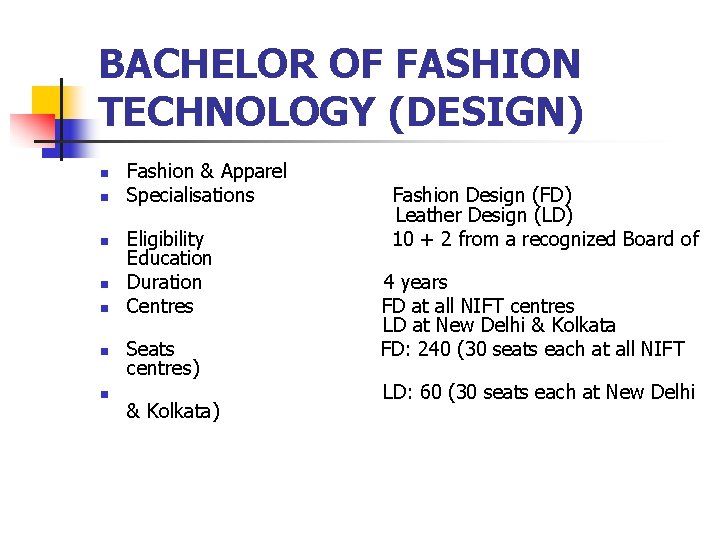 BACHELOR OF FASHION TECHNOLOGY (DESIGN) n n n n Fashion & Apparel Specialisations Fashion