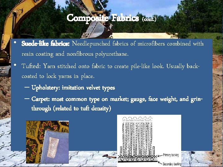 Composite Fabrics (cont. ) • Suede-like fabrics: Needlepunched fabrics of microfibers combined with resin