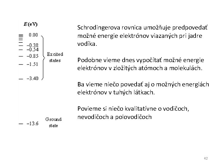 Schrodingerova rovnica umožňuje predpovedať možné energie elektrónov viazaných pri jadre vodíka. Podobne vieme dnes