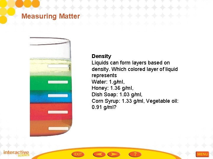 Measuring Matter Density Liquids can form layers based on density. Which colored layer of