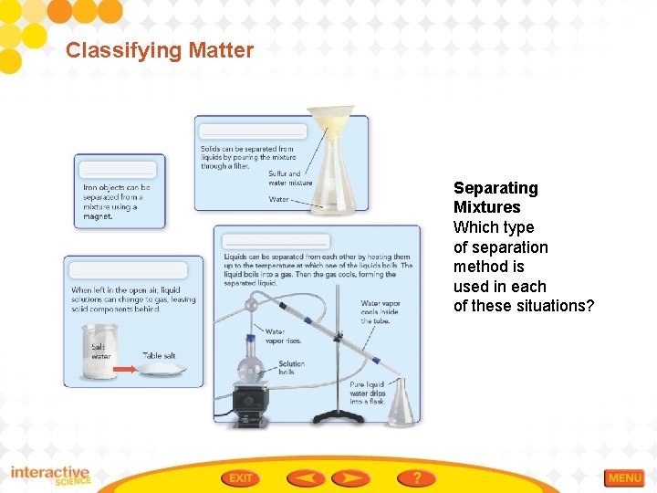 Classifying Matter Separating Mixtures Which type of separation method is used in each of