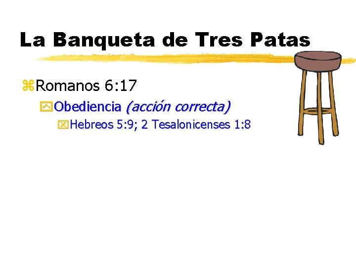 La Banqueta de Tres Patas z. Romanos 6: 17 y. Obediencia (acción correcta) x.