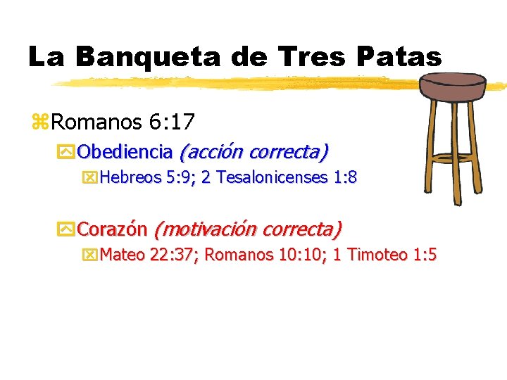 La Banqueta de Tres Patas z. Romanos 6: 17 y. Obediencia (acción correcta) x.