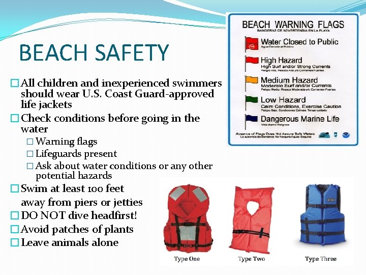 BEACH SAFETY �All children and inexperienced swimmers should wear U. S. Coast Guard-approved life