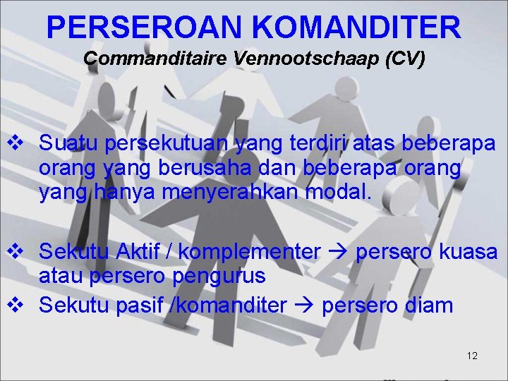 PERSEROAN KOMANDITER Commanditaire Vennootschaap (CV) v Suatu persekutuan yang terdiri atas beberapa orang yang