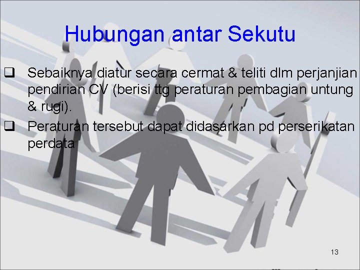 Hubungan antar Sekutu q Sebaiknya diatur secara cermat & teliti dlm perjanjian pendirian CV