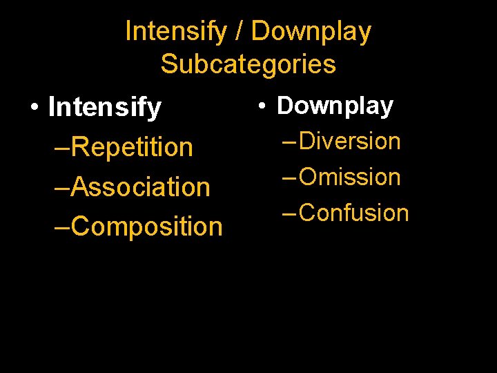 Intensify / Downplay Subcategories • Intensify –Repetition –Association –Composition • Downplay – Diversion –