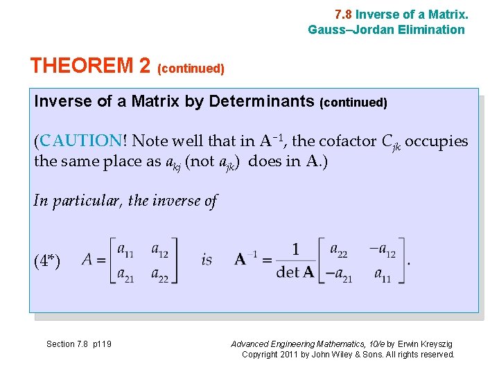 7. 8 Inverse of a Matrix. Gauss–Jordan Elimination THEOREM 2 (continued) Inverse of a