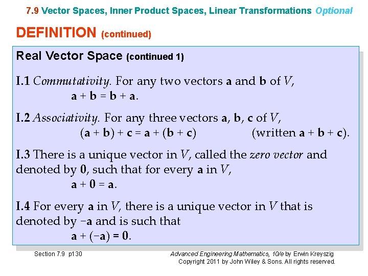 7. 9 Vector Spaces, Inner Product Spaces, Linear Transformations Optional DEFINITION (continued) Real Vector