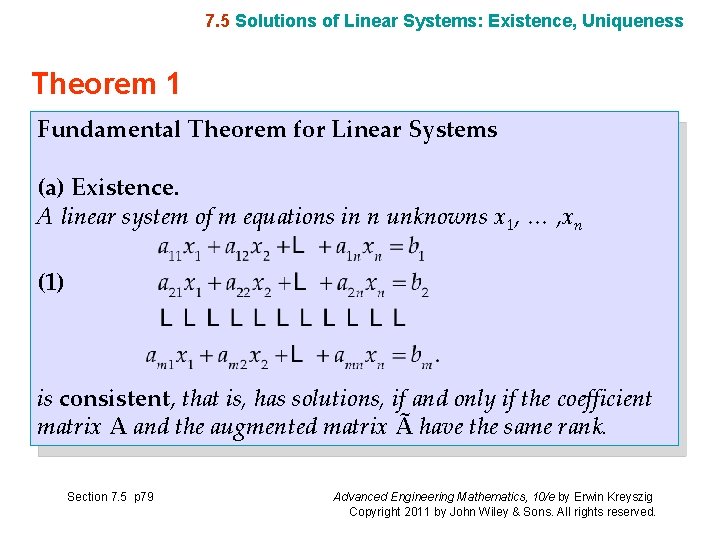 7. 5 Solutions of Linear Systems: Existence, Uniqueness Theorem 1 Fundamental Theorem for Linear