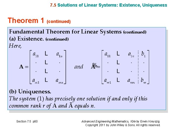 7. 5 Solutions of Linear Systems: Existence, Uniqueness Theorem 1 (continued) Fundamental Theorem for