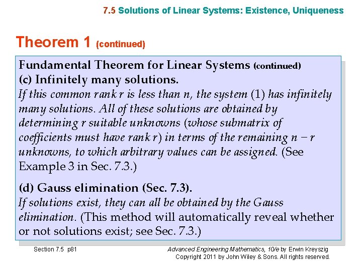 7. 5 Solutions of Linear Systems: Existence, Uniqueness Theorem 1 (continued) Fundamental Theorem for