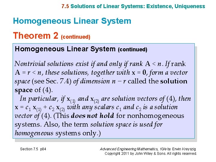 7. 5 Solutions of Linear Systems: Existence, Uniqueness Homogeneous Linear System Theorem 2 (continued)