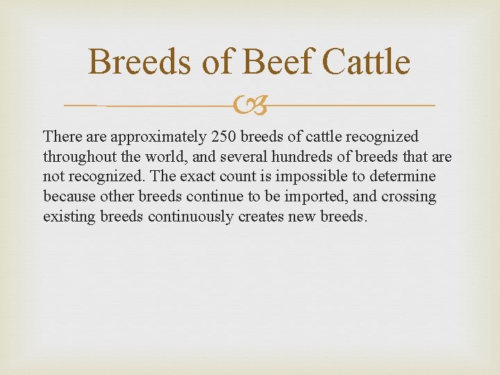 Breeds of Beef Cattle There approximately 250 breeds of cattle recognized throughout the world,