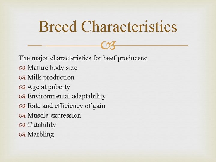 Breed Characteristics The major characteristics for beef producers: Mature body size Milk production Age