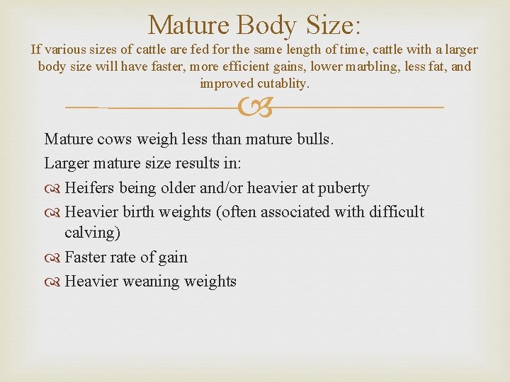 Mature Body Size: If various sizes of cattle are fed for the same length