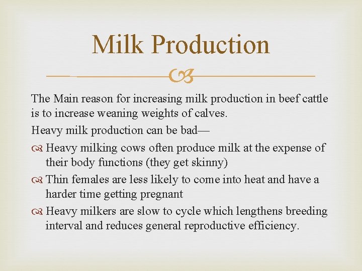 Milk Production The Main reason for increasing milk production in beef cattle is to