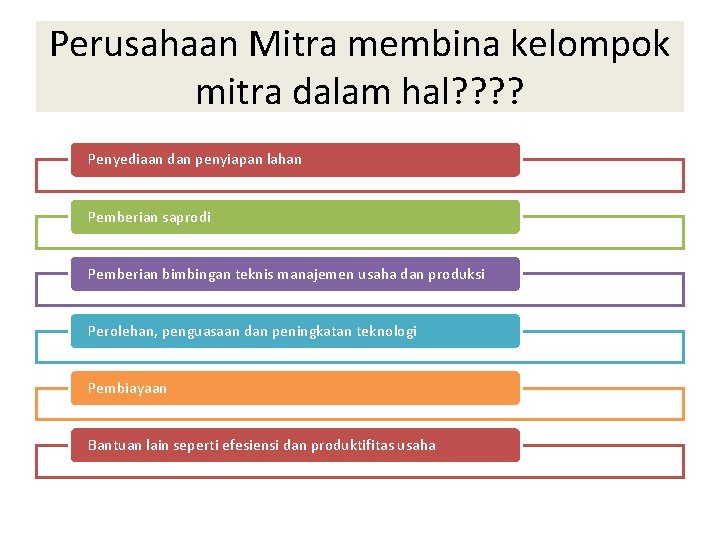 Perusahaan Mitra membina kelompok mitra dalam hal? ? Penyediaan dan penyiapan lahan Pemberian saprodi
