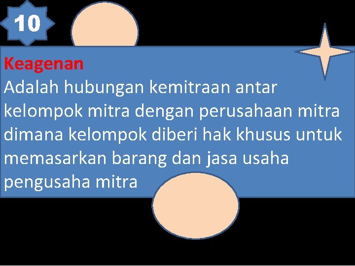 10 Keagenan Adalah hubungan kemitraan antar kelompok mitra dengan perusahaan mitra dimana kelompok diberi