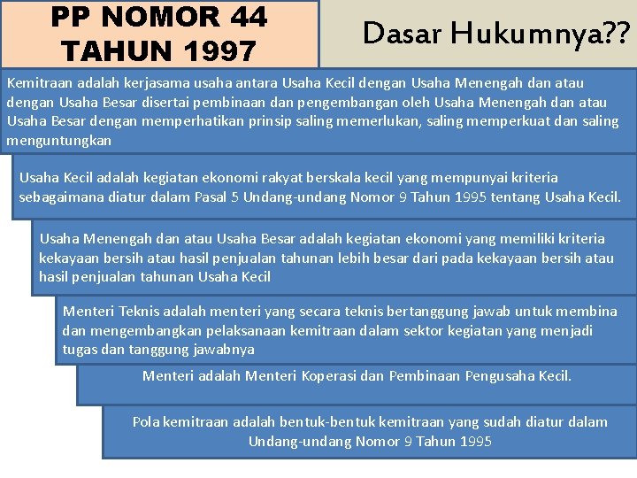 PP NOMOR 44 TAHUN 1997 Dasar Hukumnya? ? Kemitraan adalah kerjasama usaha antara Usaha